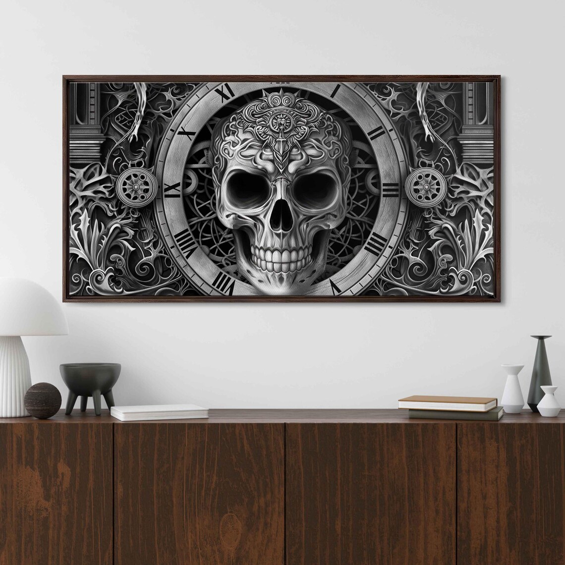 Ornate Skull Clock Roman Numerals Gears Baroque Ink Art Halloween Poster