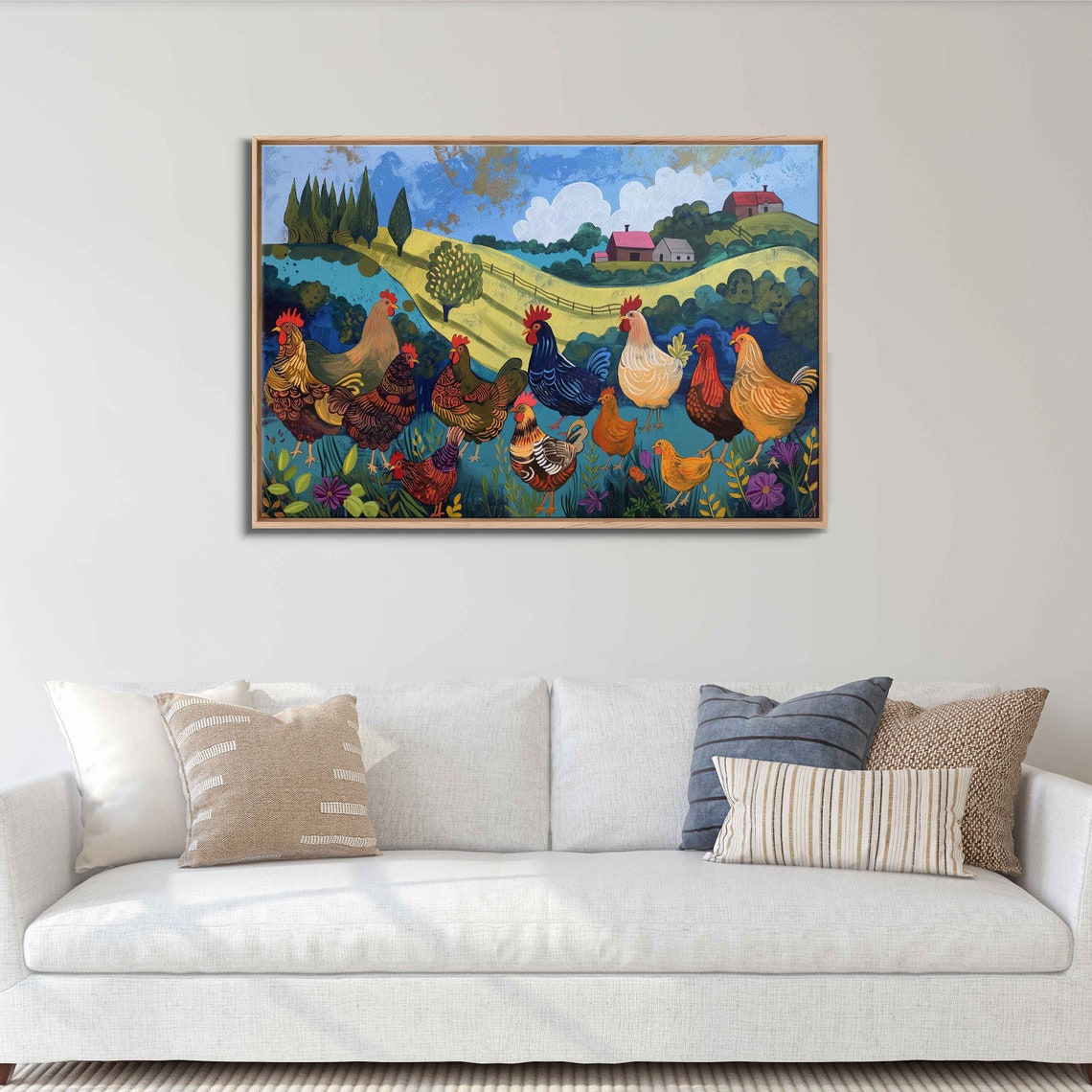 Colorful Folk Art Roosters Rolling Hills Red Barns Farm Poster