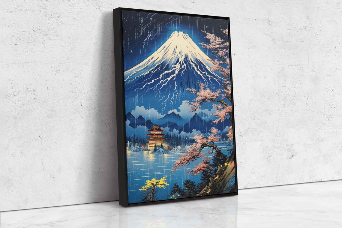 Mount Fuji Ukiyo E Lightning Cherry Blossom Pagoda Japan Art Print - Image 4