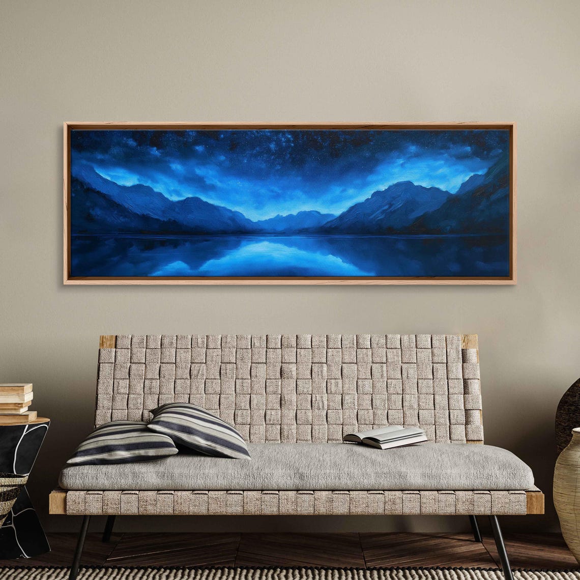 Tranquil Mountain Lake Wall Art Print Night Sky Blue And Silver Shades Acrylic Painting - Image 3