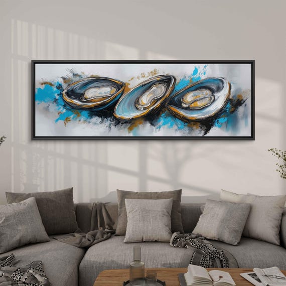 Abstract Shells Wall Art Print Vibrant Blue Black Grey Gold Accents Sophisticated Design