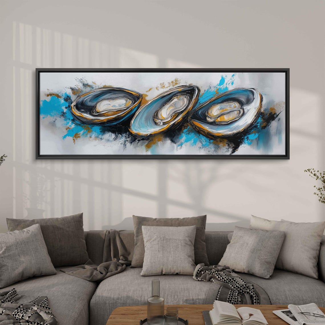 Abstract Shells Wall Art Print Vibrant Blue Black Grey Gold Accents Sophisticated Design