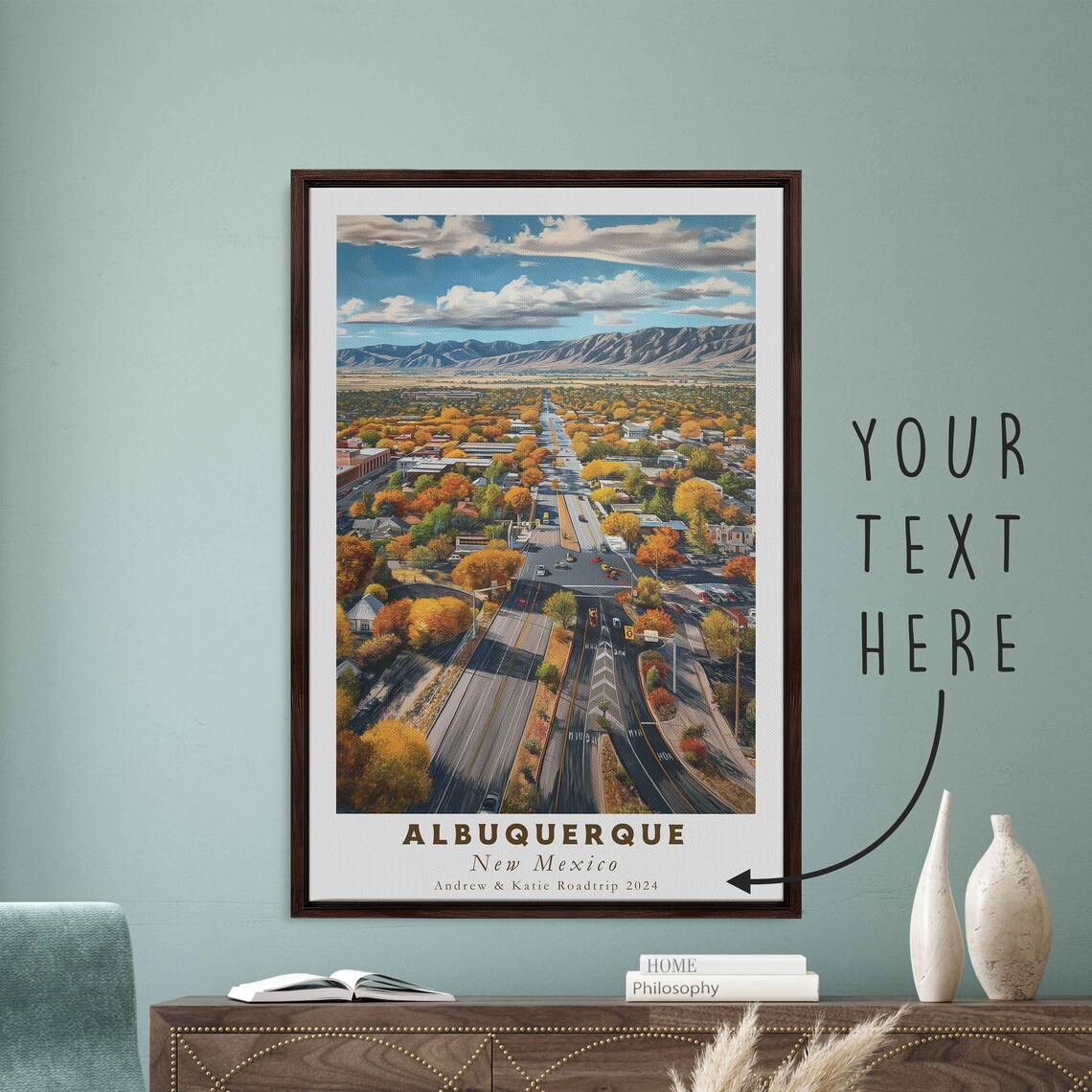Albuquerque New Mexico Autumn Road Mountain Aerial Travel Poster - Image 3