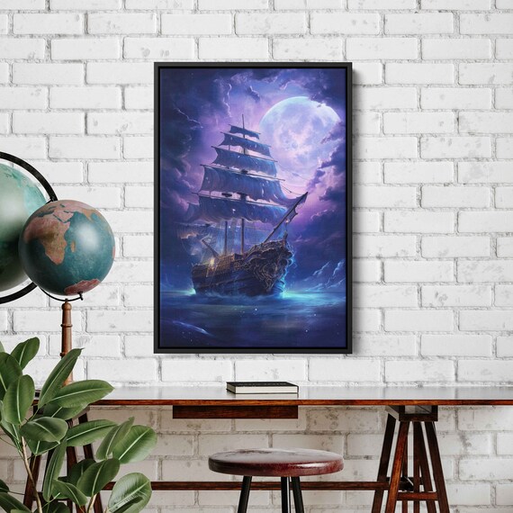 Ghost Pirate Ship Giant Purple Full Moon Tattered Sails Ocean Fantasy Poster