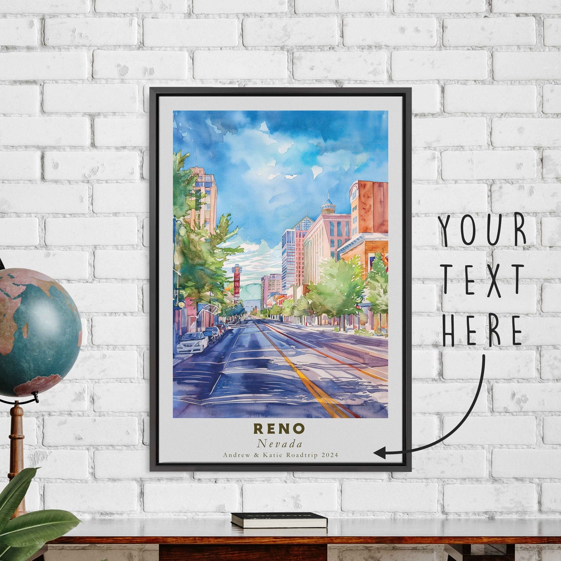 Reno Nevada Sunny Downtown Street Watercolor Blue Sky Art Poster - Image 3