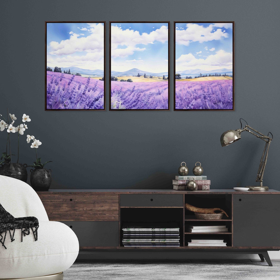 Lavender Field Triptych Watercolor Purple Blooms Blue Sky Wall Art