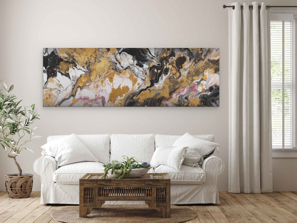 Black Gold White Panoramic Marble Splash Abstract Wall Art Poster - Image 3