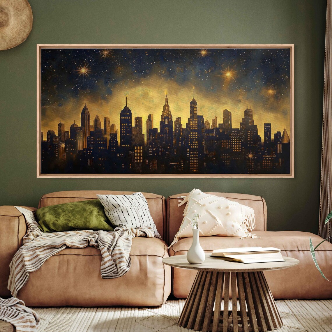 Navy And Gold City Night Skyline With Sparkling Stars Art Poster - Image 3