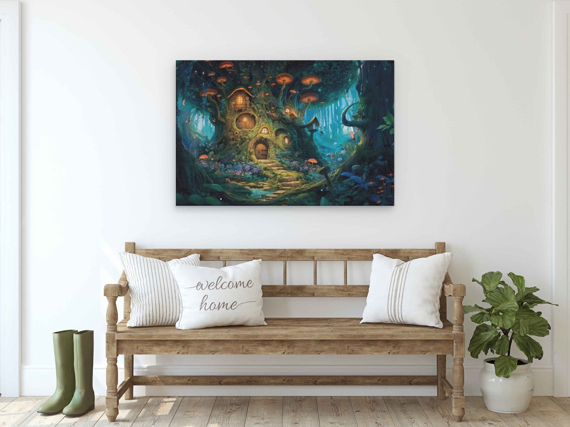 Enchanted Mushroom Treehouse Magical Glowing Forest Fantasy Art Poster - Image 2