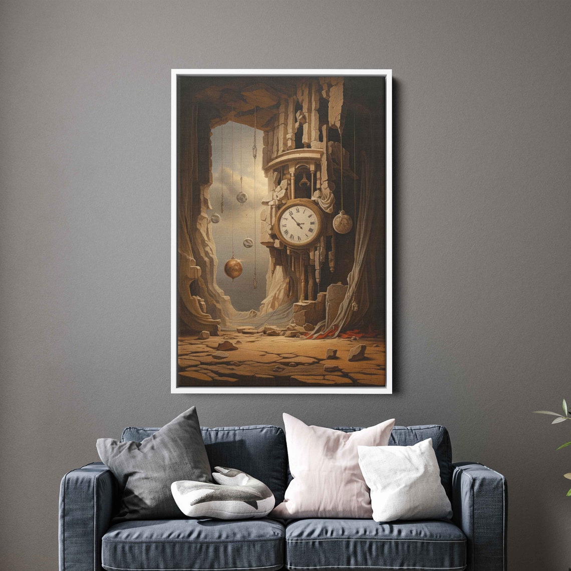 Surreal Grandfather Clock In Rocky Cave Desert Ruins Art Print - Image 3