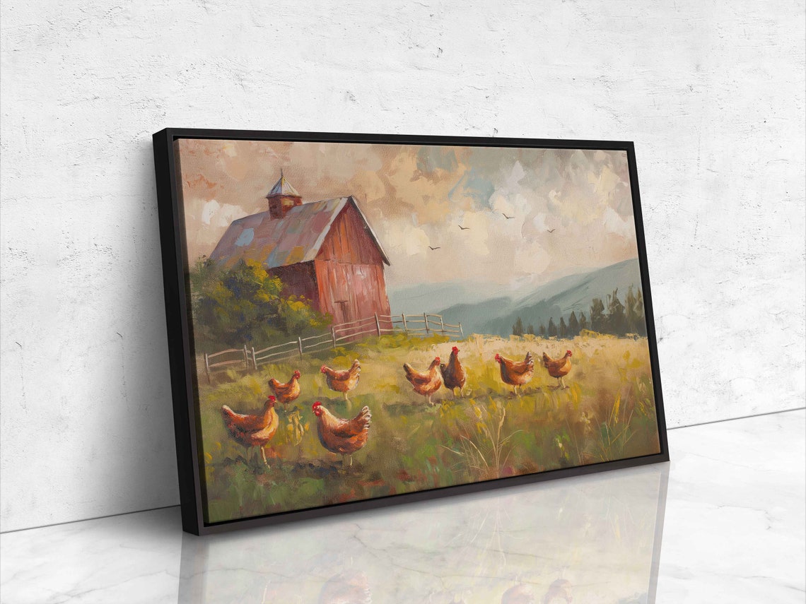 Chickens Roosters Red Barn Golden Field Mountain Backdrop Painting - Image 4