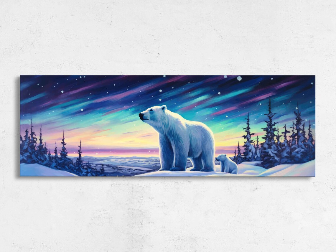 Mama Polar Bear and Cub Aurora Night Sky Snowy Forest Panoramic Art Poster