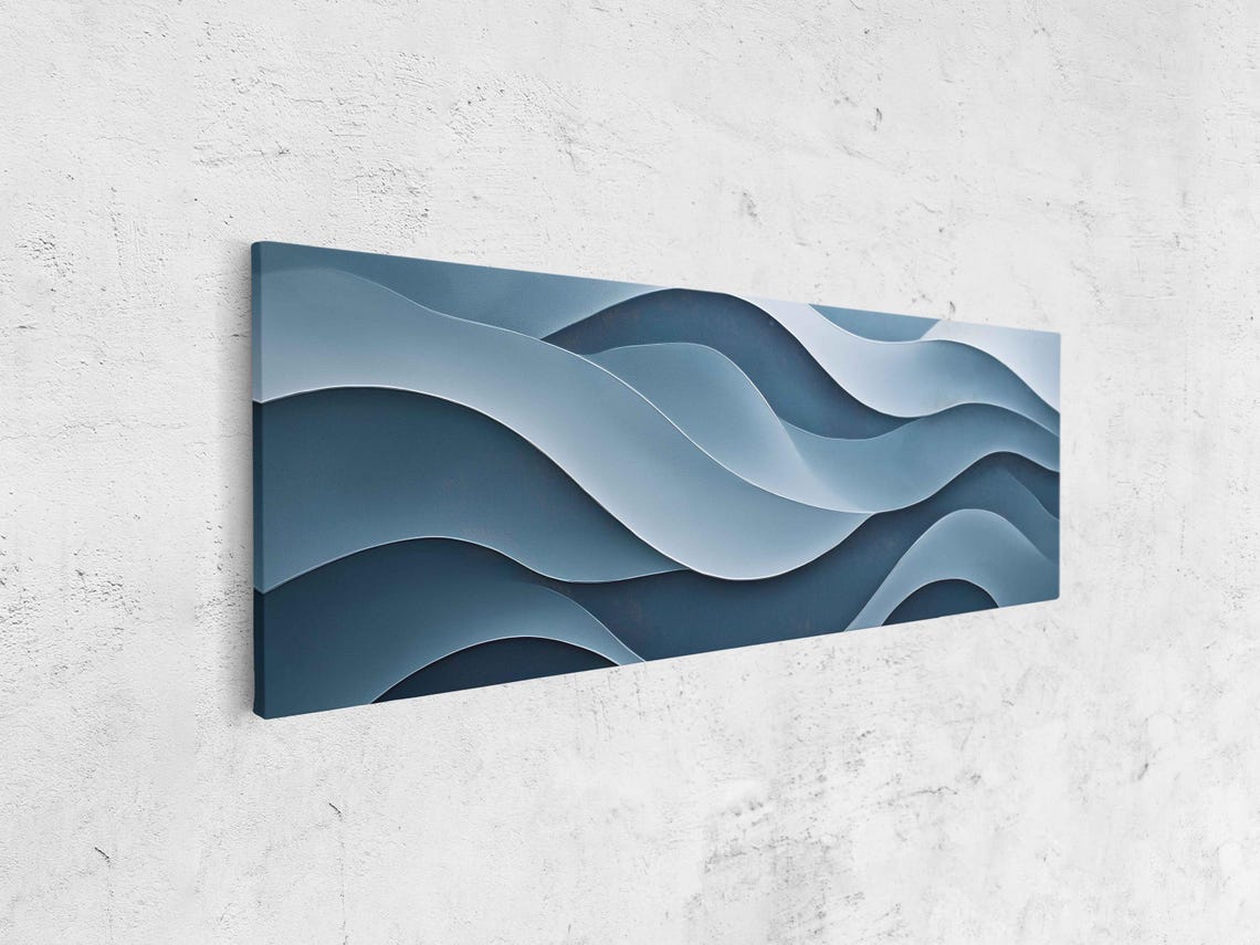 Minimalist Blue Wave Lines Abstract Panoramic Calming Ocean Art Print - Image 4