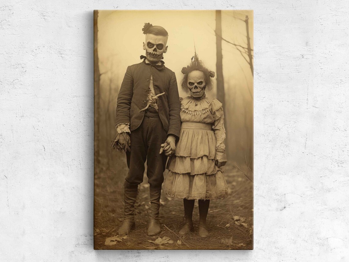 Vintage Halloween Children Skull Costumes Spooky Sepia Photo Print