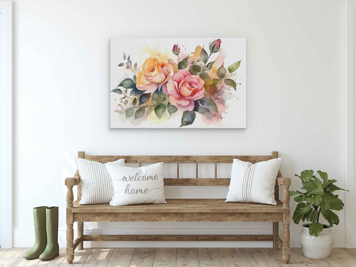 Watercolor Roses Blush Pink And Golden Peach Floral Bouquet Wall Art - Image 2