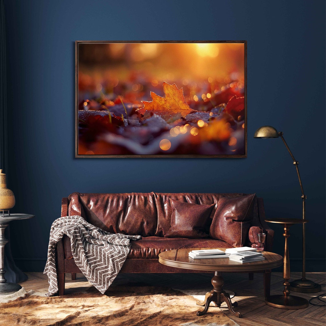 Dew Covered Leaf At Sunrise With Golden Bokeh Fall Photo Poster - Image 3