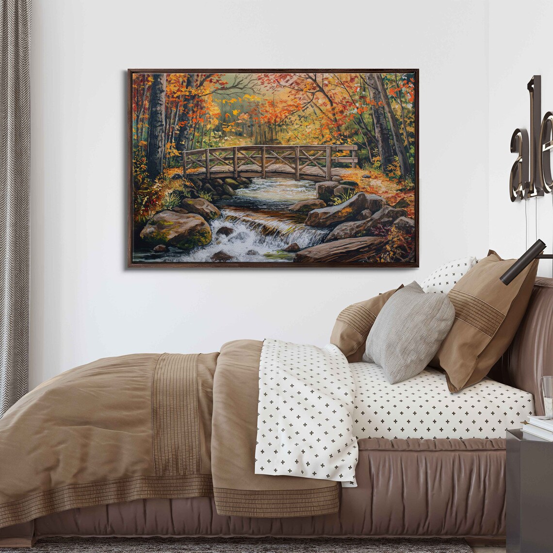 Wooden Footbridge Over Rocky Autumn Stream Oil Painting Poster