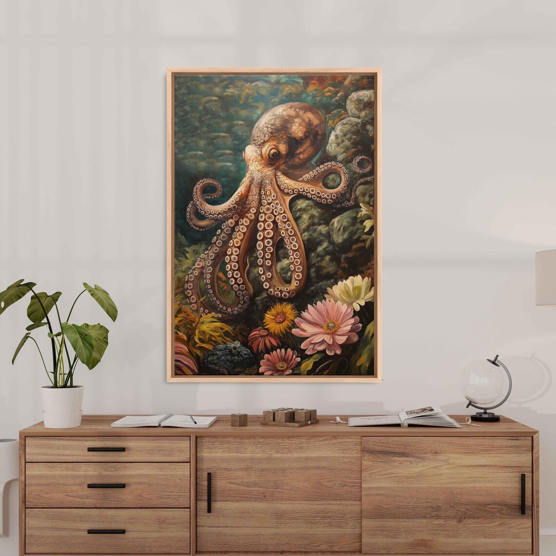 Octopus Perched On Rock Wall Art Print Vibrant Anemones Ocean Colors Nature Inspired