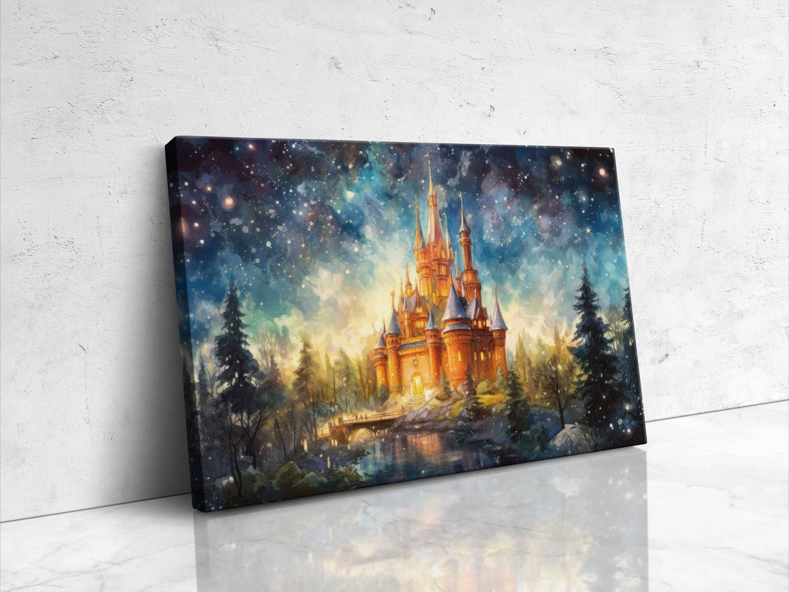 Golden Castle by Lake Glowing Spires Starry Night Snow Art Poster - Image 4