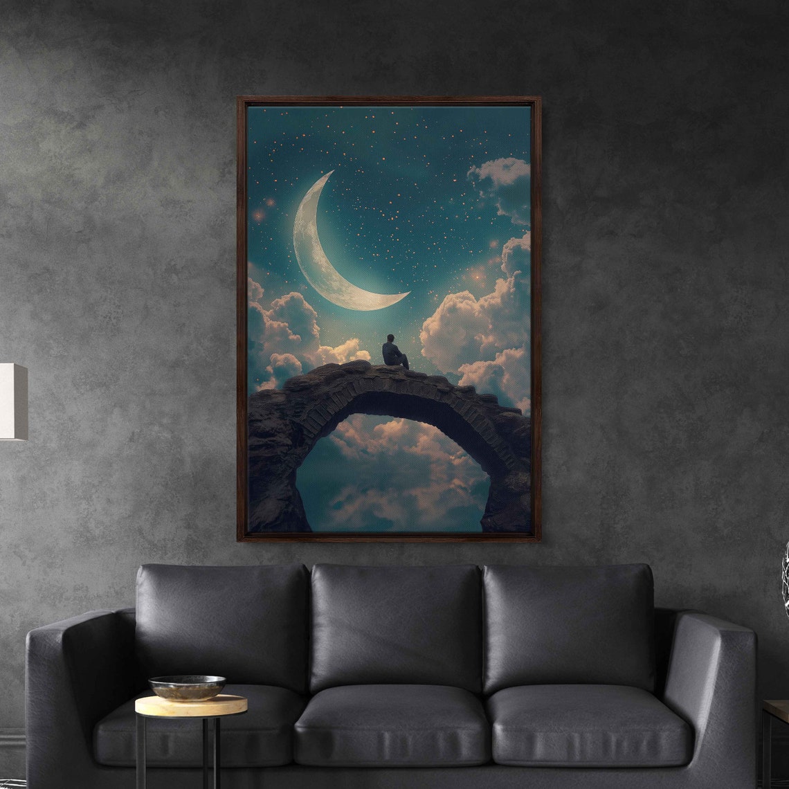 Man Sitting On Bridge Looking At Crescent Moon Above Clouds Hyperrealism Photo Wall Art Print Impressionism Ready To Hang - Image 3