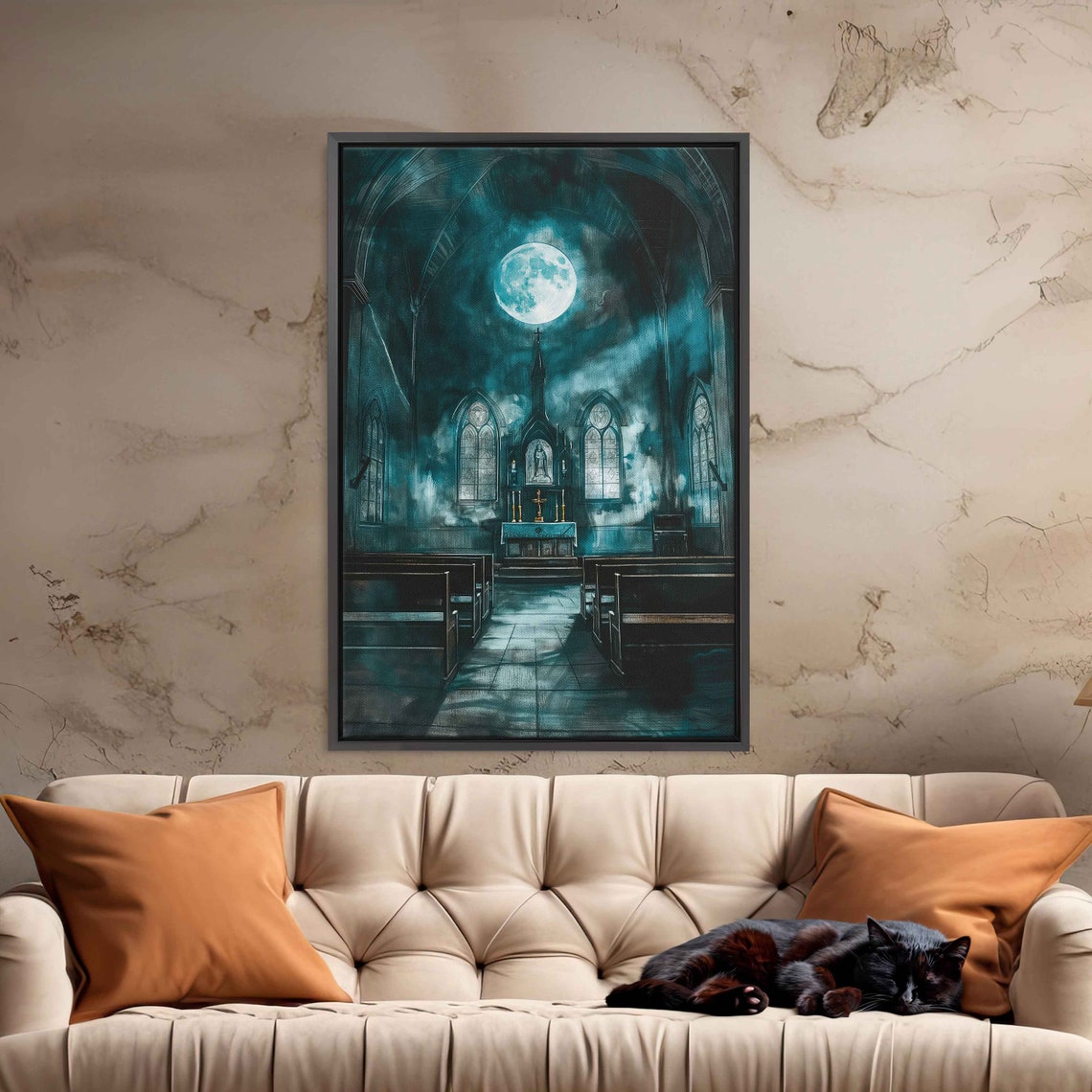 Abandoned Church Full Moon Through Ruined Roof Pews Altar Wall Art - Image 3
