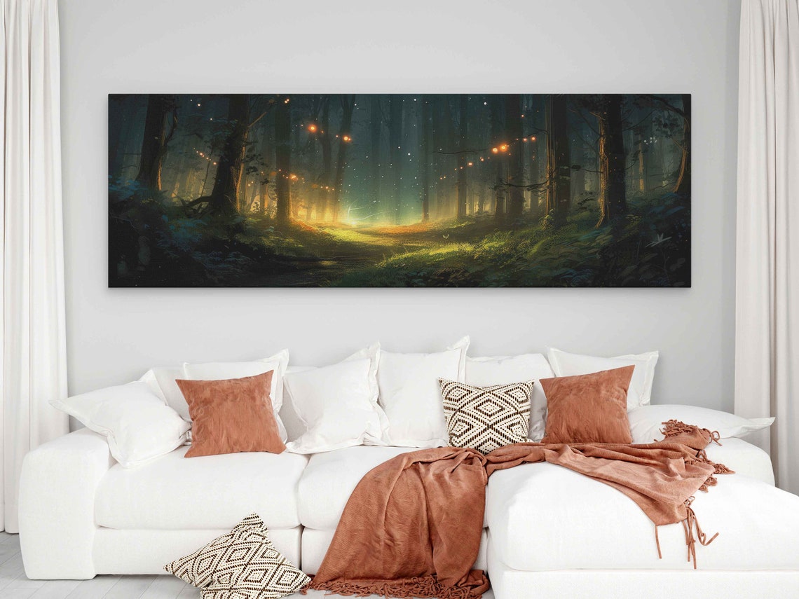 Enchanted Firefly Forest Night Glowing Panoramic Wall Art Poster - Image 2