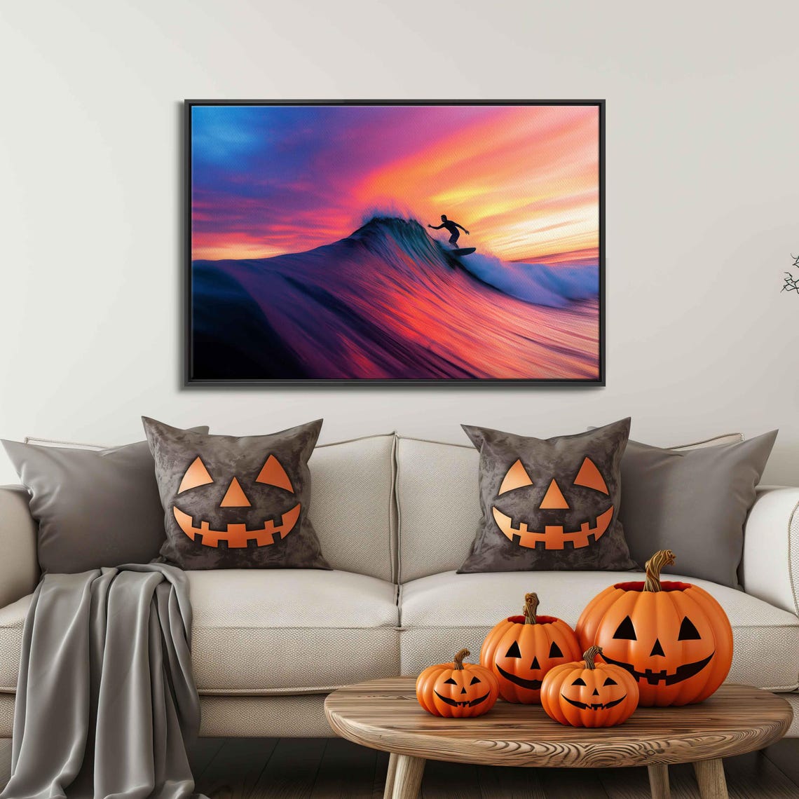 Surfer Riding Giant Wave At Neon Pink Sunset Ocean Art Poster - Image 3