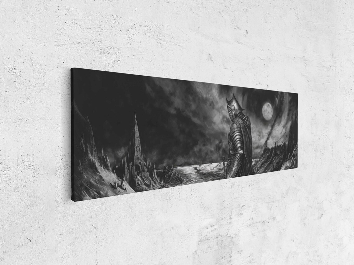 Gothic Knight Overlooking Dark Moonlit Fantasy Seascape Monochrome Ink Art Poster - Image 4