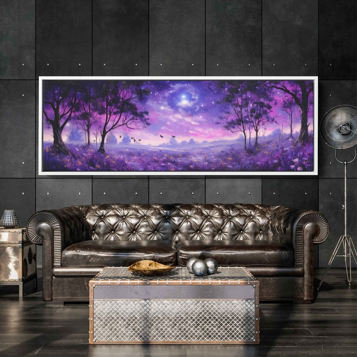 Lavender Field Starry Night Sky Misty Trees Panoramic Wall Art Poster - Image 2