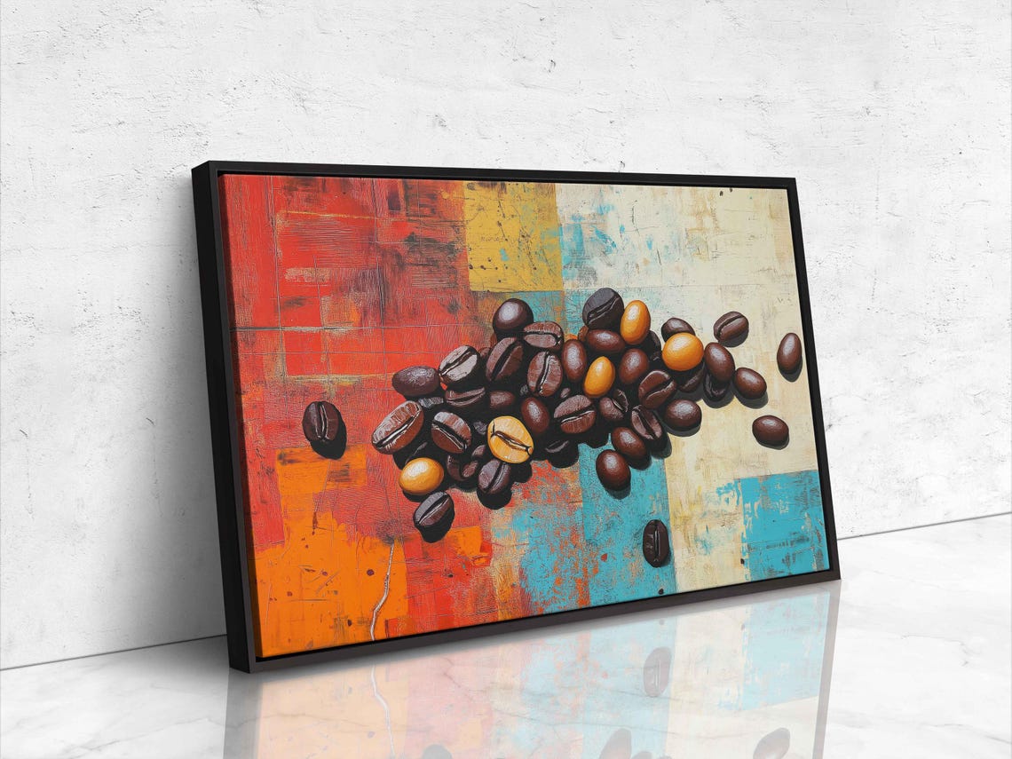 Coffee Beans On Abstract Wall Art Print Coffee Lover Gift For Her Kitchen Wall Art Bright Colors Ready To Hang - Image 4