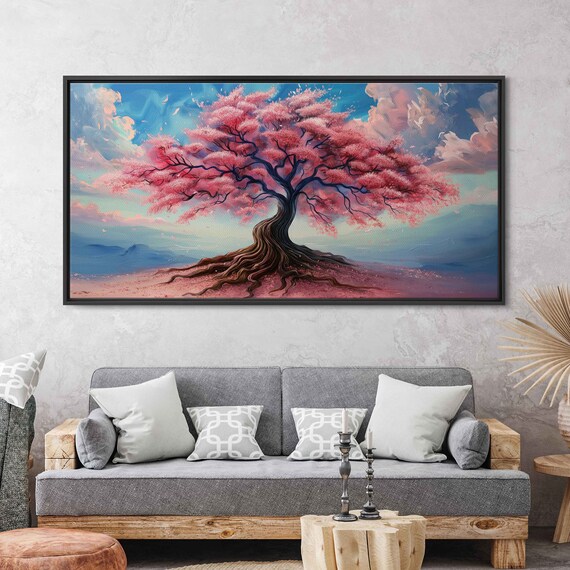 Vibrant Cherry Blossom Tree Painting Cherry Blossom Petals Vivid Color Cloudy Blue Sky Wall Art Print Ready To Hang