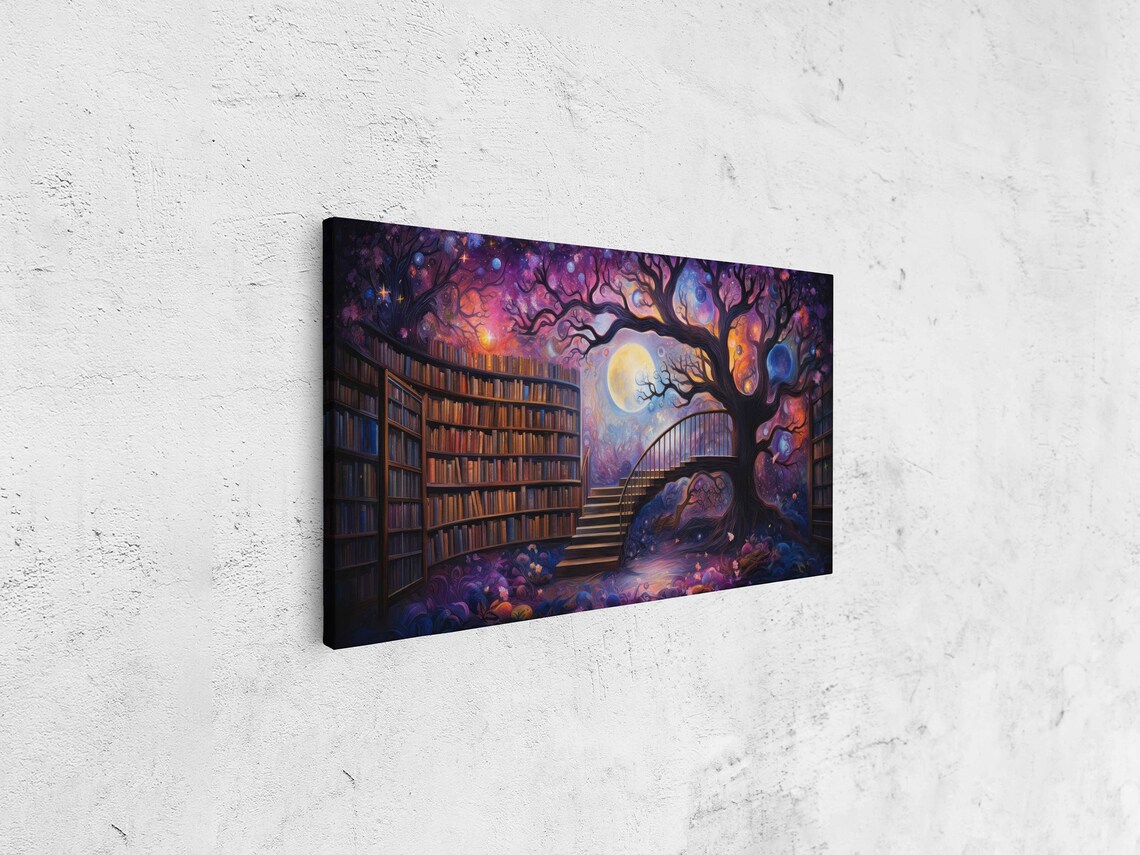 Magical Tree Of Knowledge Cosmic Moonlight Fantasy Library Wall Art Print - Image 4