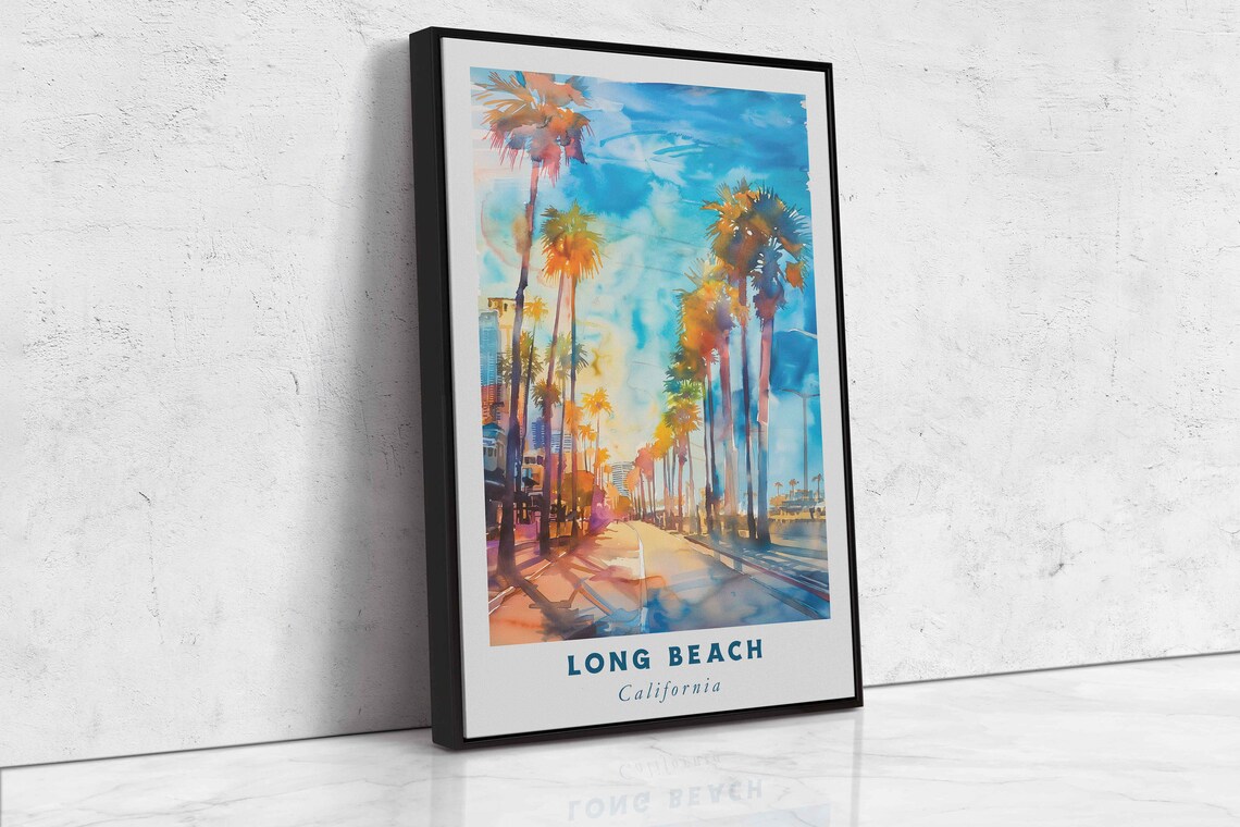 Long Beach California Palm Lined Street Ocean Watercolor Travel Poster - Image 2