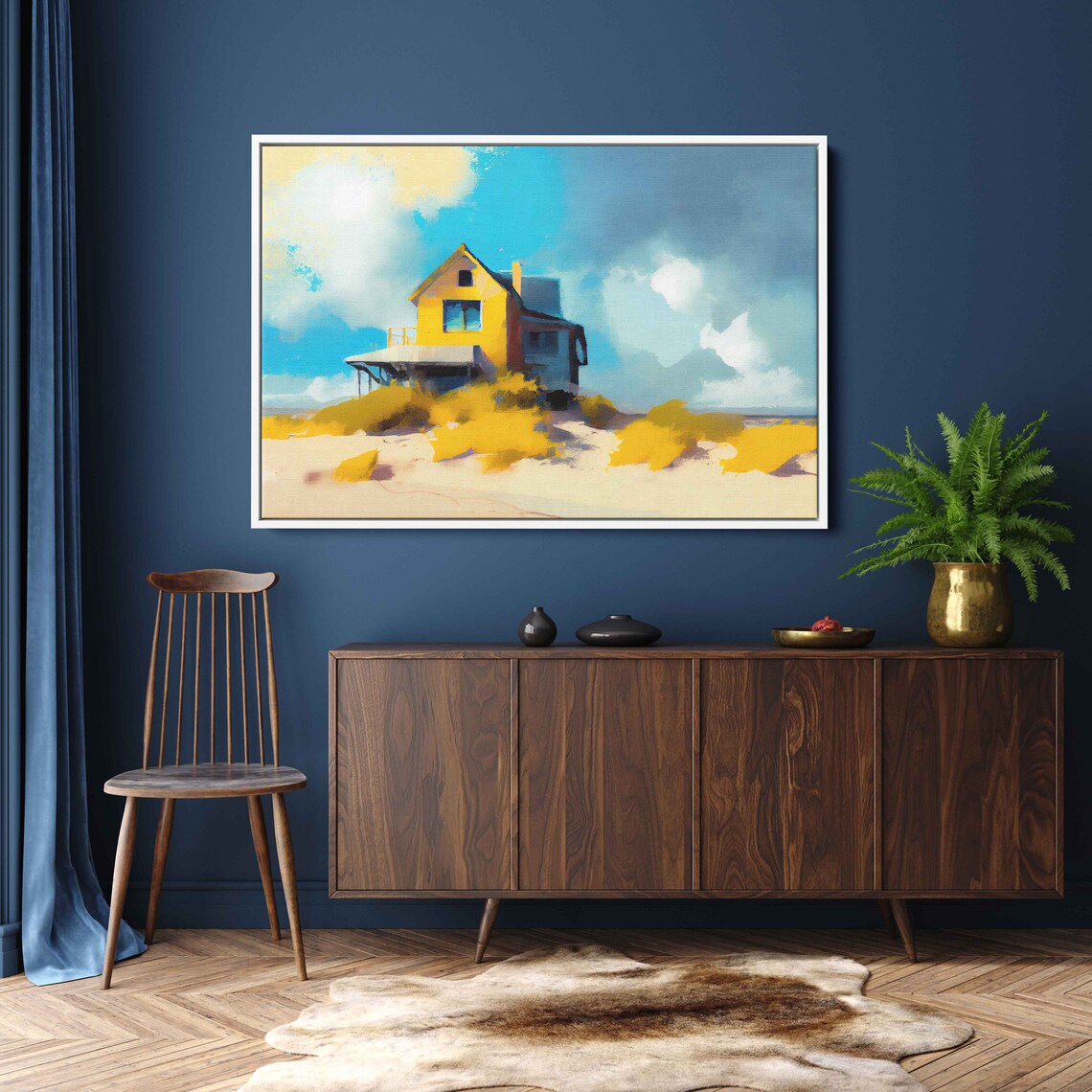Yellow Beach House On Dunes Sunny Coastal Semi Abstract Oil Painting Poster - Image 3