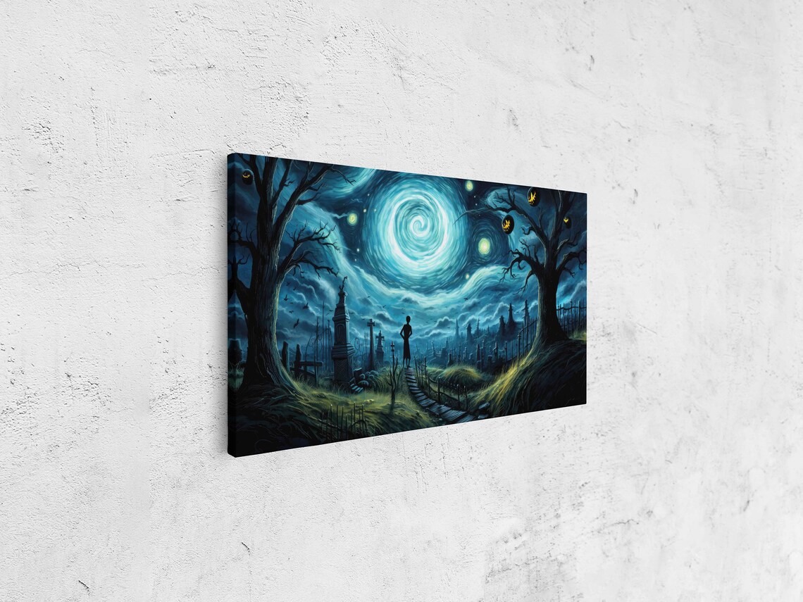 Spooky Starry Night Graveyard Van Gogh Style Swirling Sky Halloween Poster - Image 4