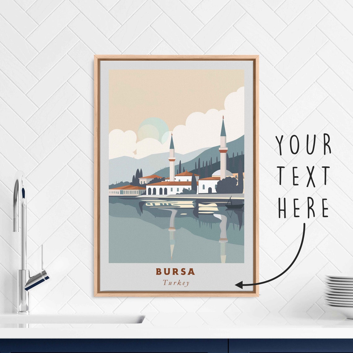 Bursa Turkey Mosque Waterfront Sunset Vintage Style Travel Poster