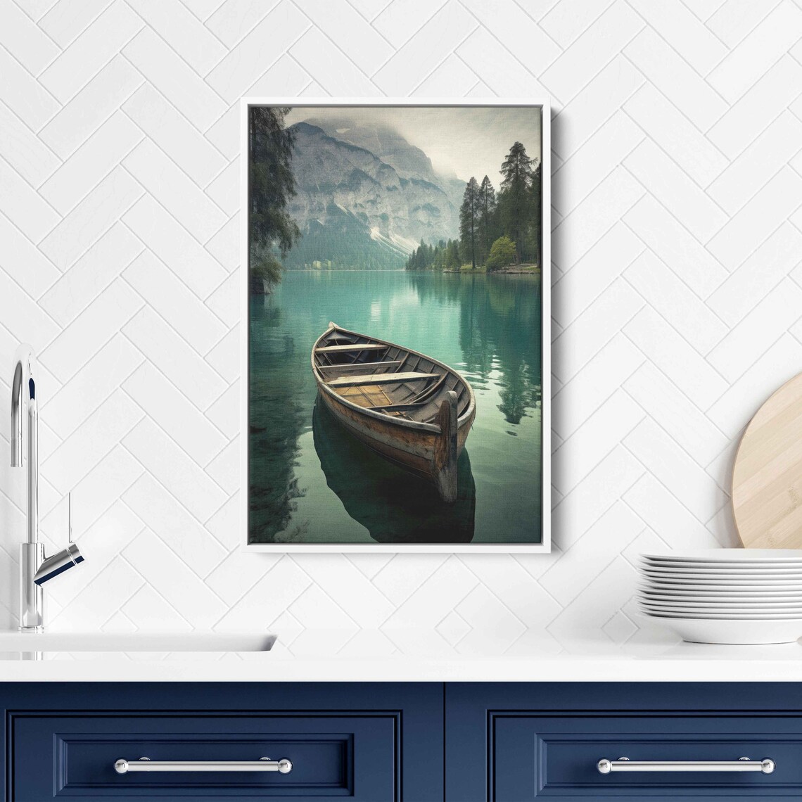 Rustic Boat On Lake Wall Art Print Peaceful Nature Flowing River Olden Canoe Mountain Range Ready To Hang - Image 2