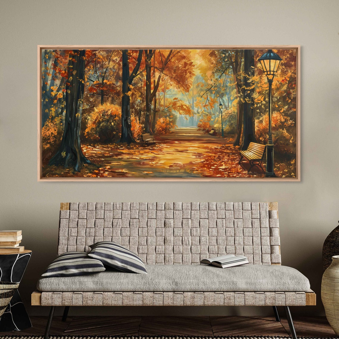 Golden Autumn Park Path Benches Lamps Fall Foliage Panoramic Poster - Image 3