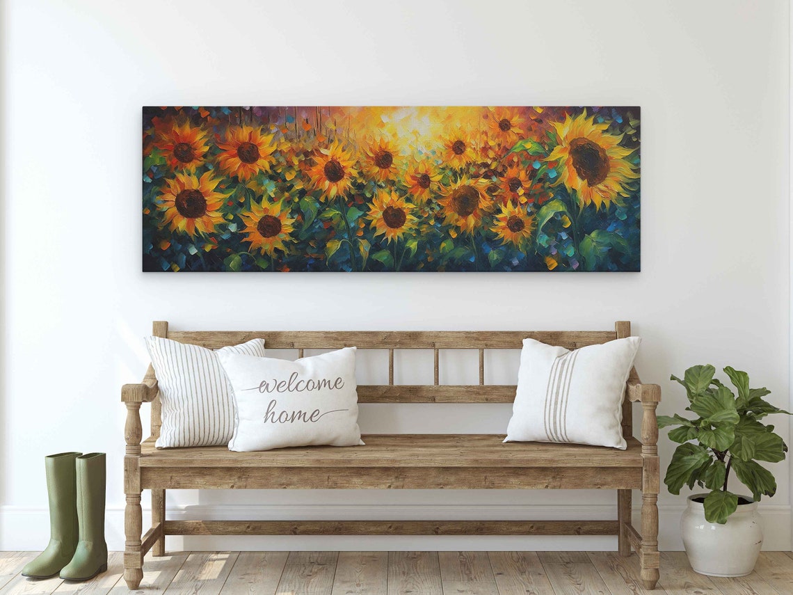 Sunflower Field At Sunset Panoramic Palette Knife Art Poster - Image 3