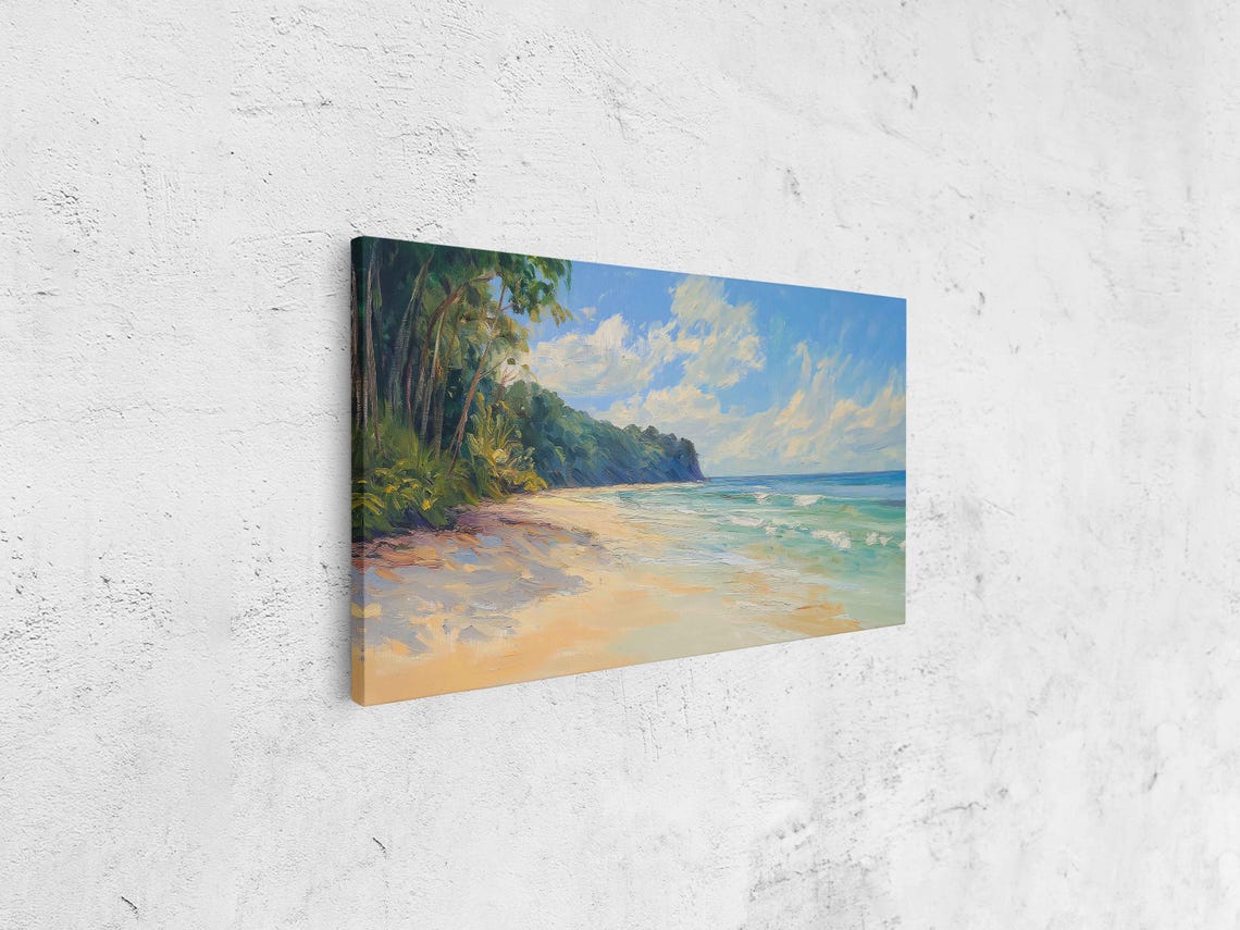 Tropical Surf Scene With Sandy White Beach Acrylic Wall Art Print Gift For Surfer Palm Trees Ocean Art Ready To Hang - Image 4
