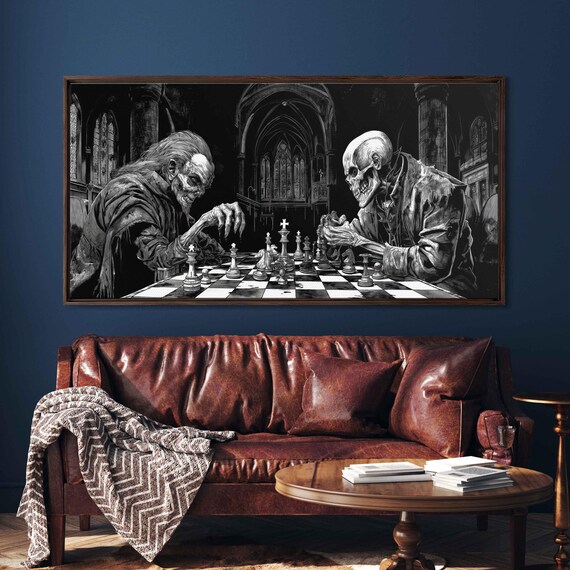 Skeleton Playing Chess Against Vampire In Gothic Cathedral Hall Ink Poster