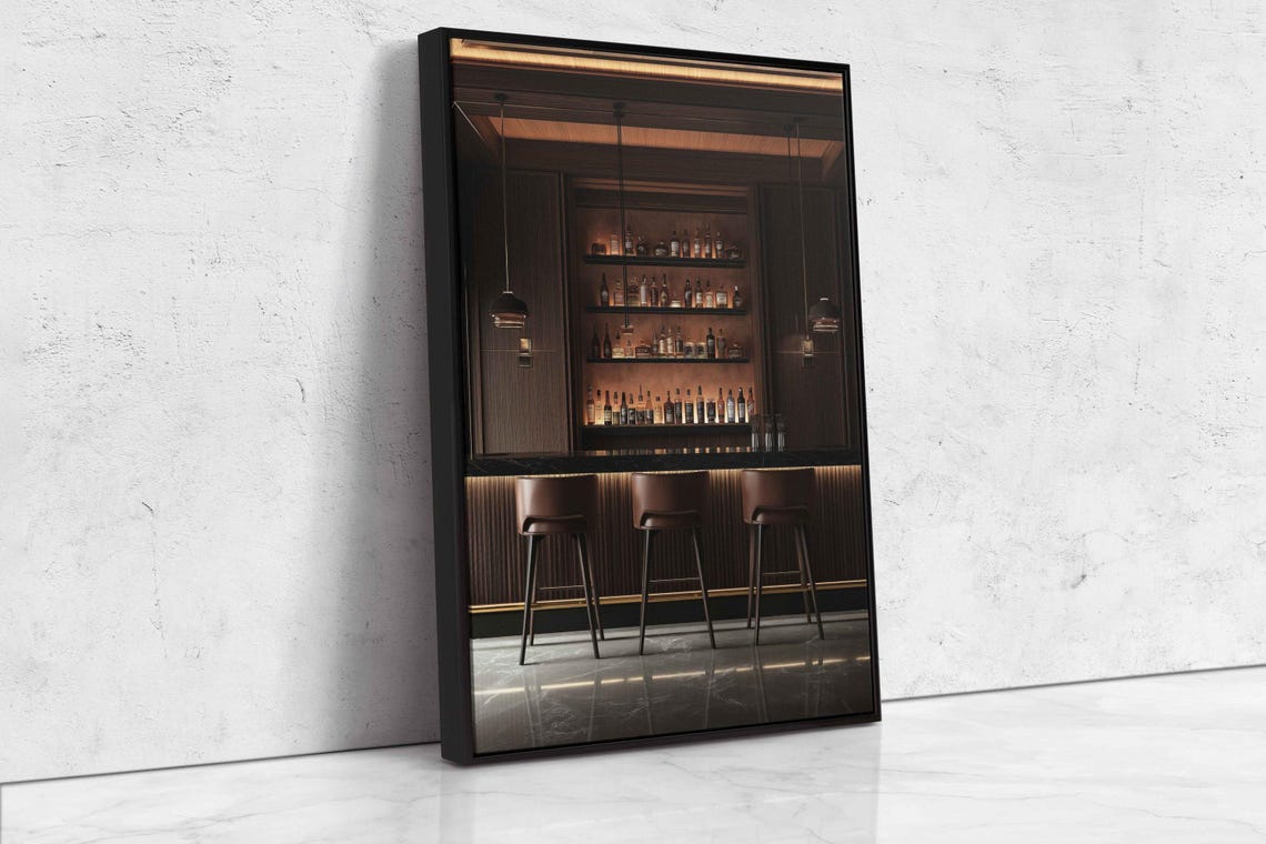 Dark Moody Home Bar Interior With Bottle Shelves And Stools Poster - Image 4