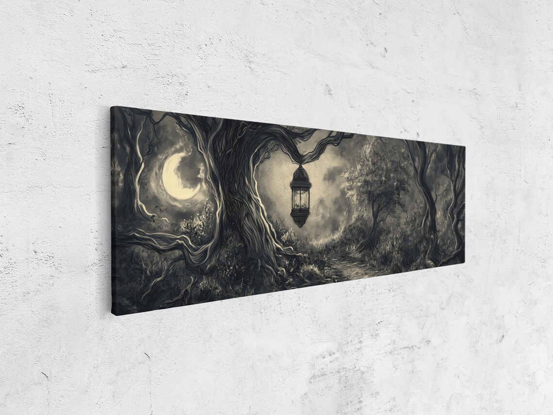 Hanging Lantern Over Moonlit Twisted Tree Path Night Ink Halloween Poster - Image 4