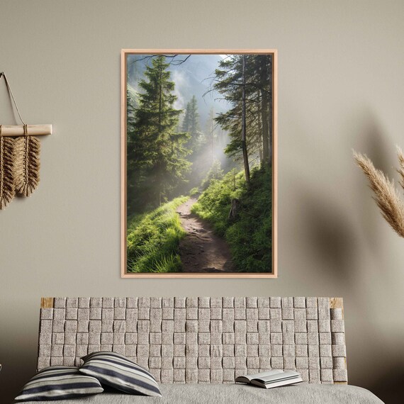 Mountain Path Through Sunlit Misty Forest Wall Art Print Ready To Hang