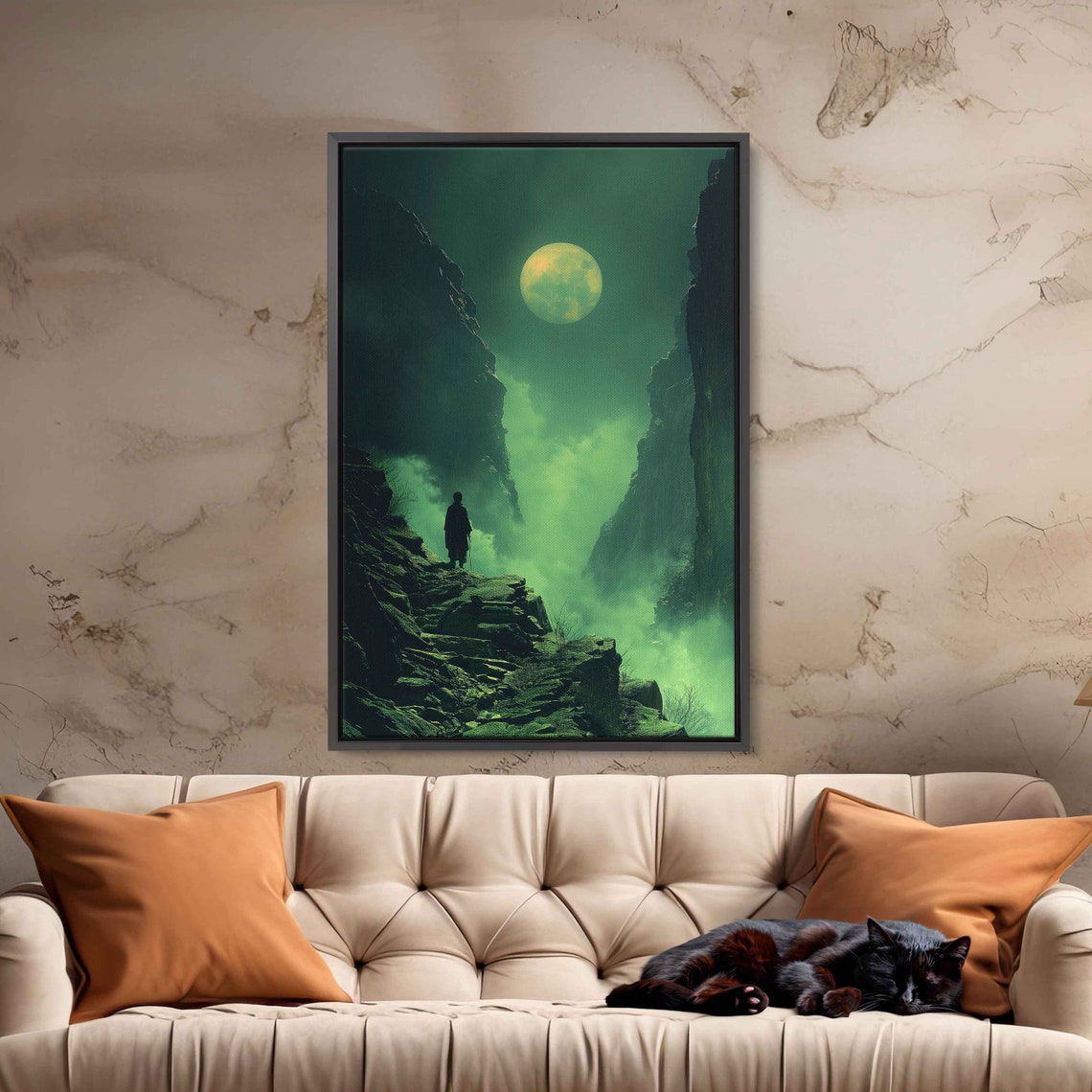 Monk Silhouette On Foggy Cliff Under Full Moon Mystic Art Poster - Image 3