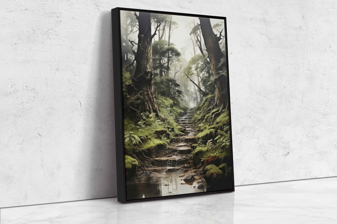 Dense Foggy Forest Painting Wall Art Print Nature Steps Walkway Towering Trees Ready To Hang - Image 4