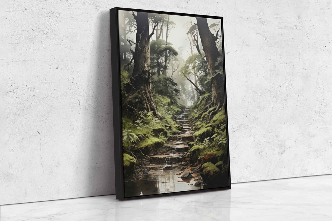 Misty Forest Stone Steps Mossy Woods Foggy Pathway Serene Art Poster - Image 4