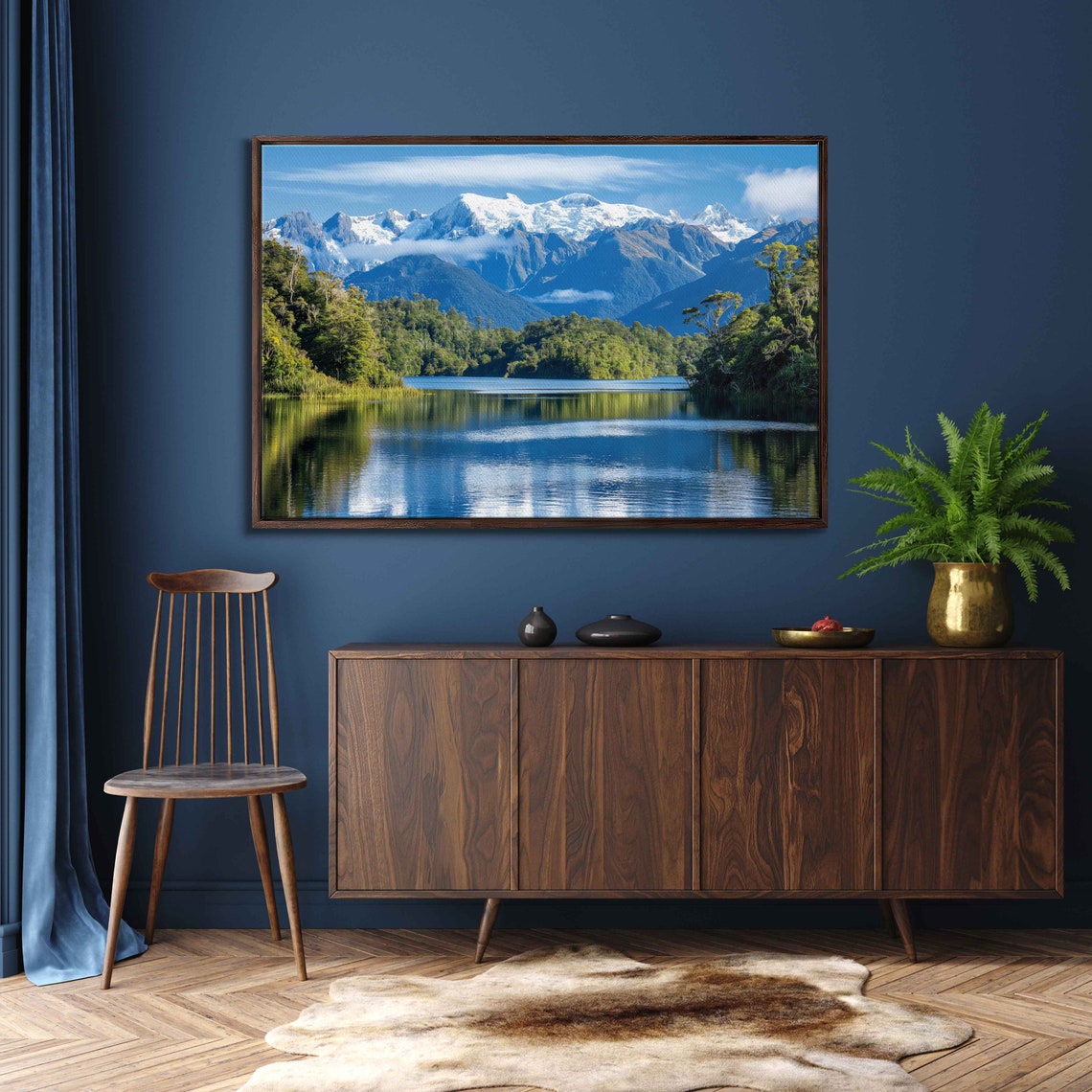 Snowy Mountain Range Mirror Lake Reflection Green Forest Photo Art