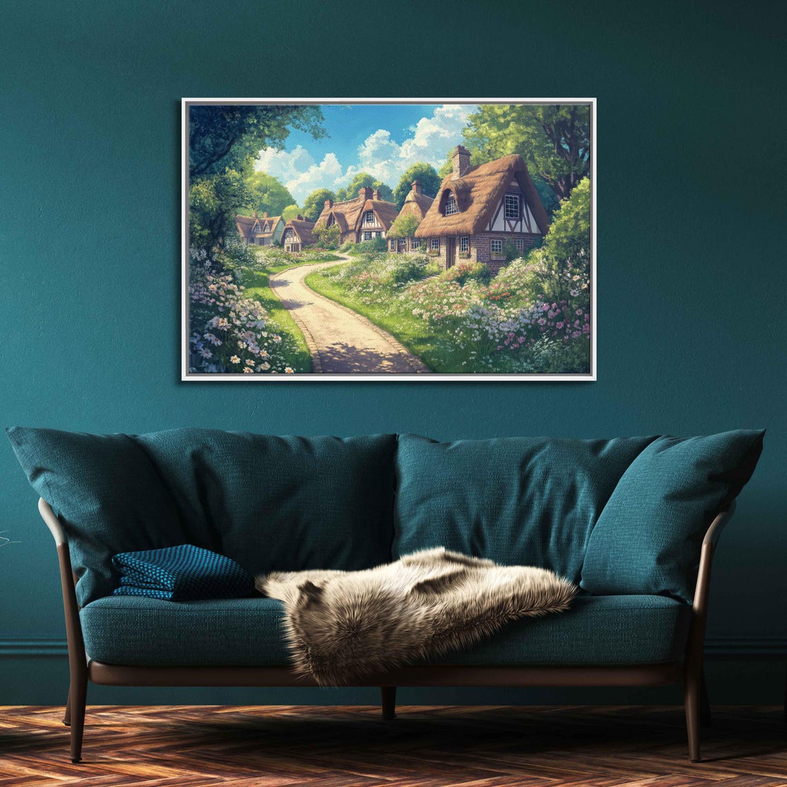 Thatched Roof Village Cottages Along A Flower Lined Lane Poster - Image 3