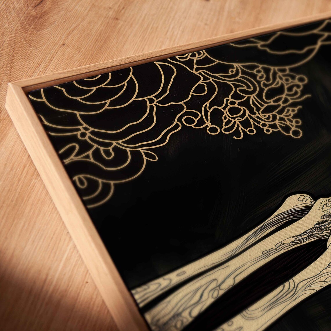 Golden Skeleton Hand Reaching On Black With Floral Outlines Gothic Art Print - Image 2
